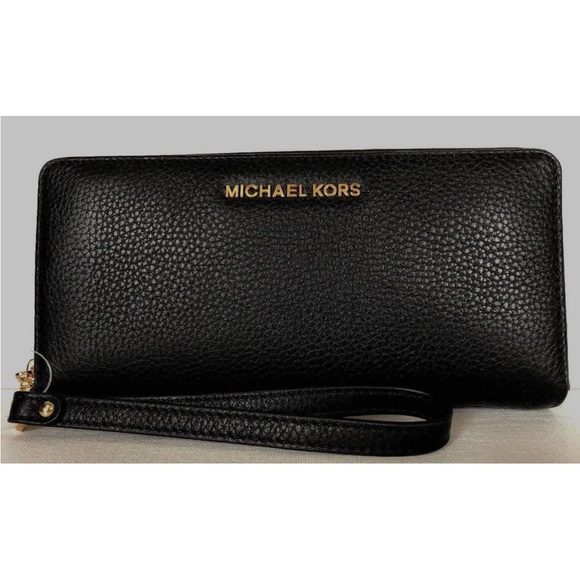 New Michael Kors Jet Set Large Travel Continental wallet Leather Black with Gold - Picture 1 of 7